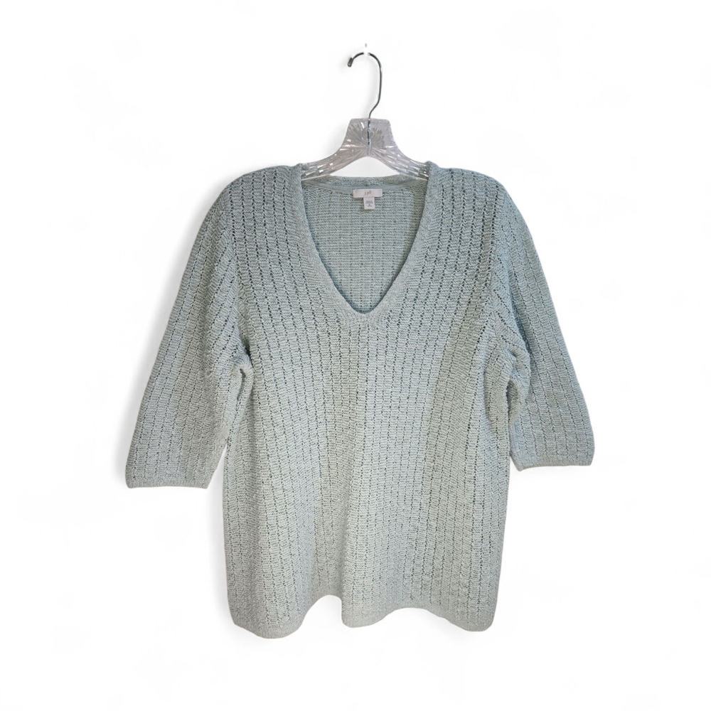 J.Jill Sage Open Knit Classic Fit Sweater V-Neck 3/4 Sleeve Pullover‎ PXL